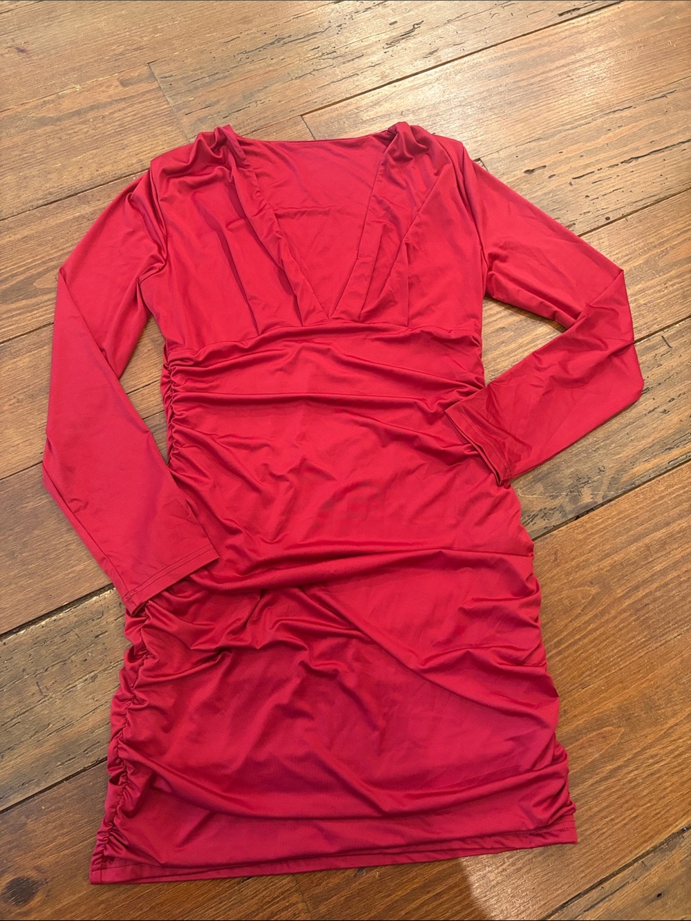 Women’s Red V-Neck Ruched Mini Dress